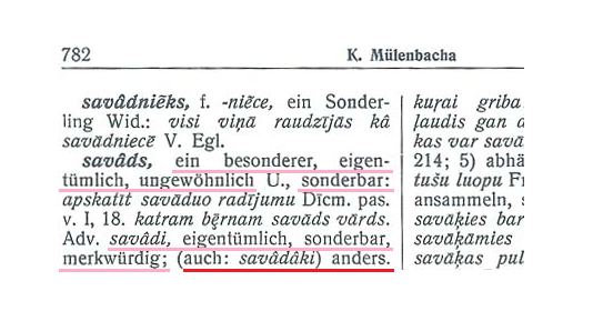 savāds, savādi, Mīlenbacha-Endzelīna vārdnīca; lappuses fragments no vārdnīcas - internetā. Kārlis Mīlenbachs. ("Mīlenbaha vārdnīca" - padomju rakstībā)